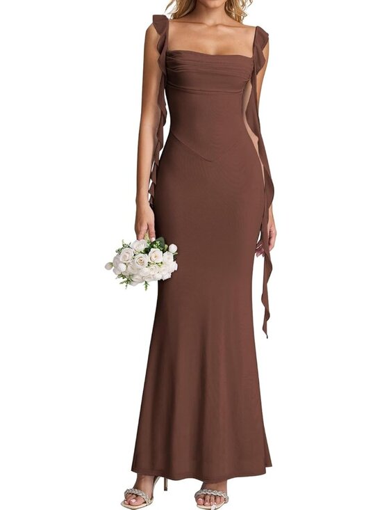 Dresses & Skirts - Women's Brown Boat Neck Elegant Ruffle Bodycon Formal Cocktail Maxi Dress